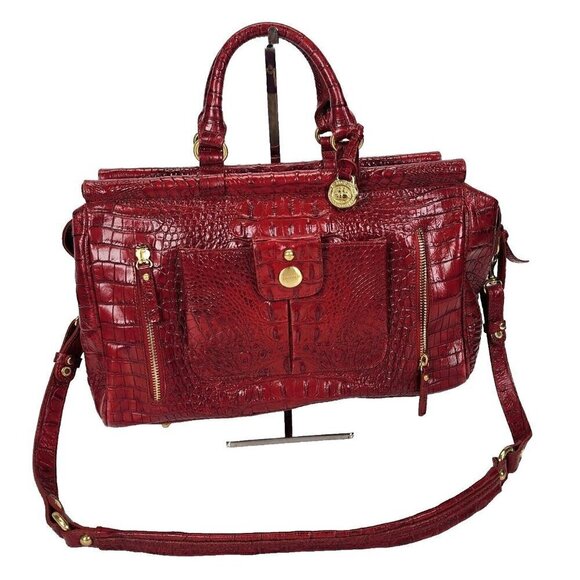 Brahmin Red Leather Croc Embossed Bag Purse Removeable Crossbody Strap - Picture 1 of 16